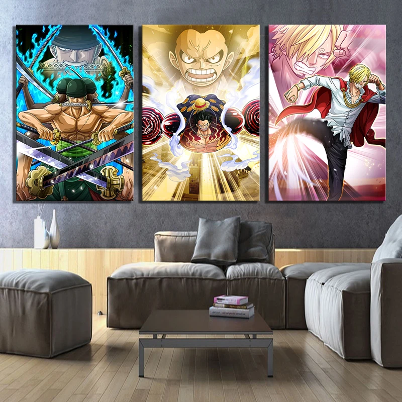 Принты для домашнего декора картина 3 панели Luffy Zoro Sanji картины мультфильм