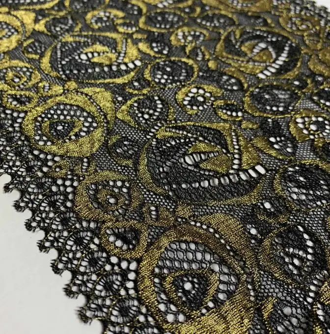 Black with gold 2y/лот 16,50 см Высокое качество черный Мерцающий эластичная кружевная отделка Золотая фольга кружевная лента для нижнего белья DIY аксессуар материал изделия - Цвет: Black with gold