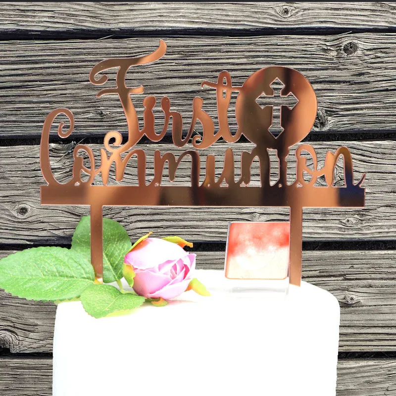 

First Communion Acrylic Cake Topper Mirror Rose Gold Acrylic Cupcake Topper For Baby Shower Party Cake Decorations 2019 New