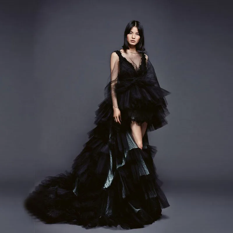 Черные платья для выпускного в стиле хиппи 2018 коктейльные с высоким и низким