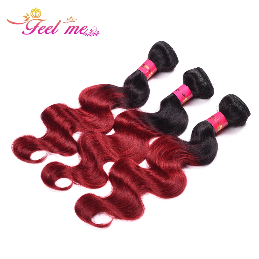 Feel Me Hair Body Wave Brazilian Weave Bundles With Closure Ombre Human 1b/burgundy Non-remy | Шиньоны и парики