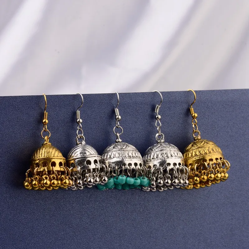 Фото TopHanqi в этническом стиле ретро Индии Jhumka Jhumki серьги Femme Античная золотистый гравированный лотоса фонарь, свисающие серьги для женщин, серьги ... №2