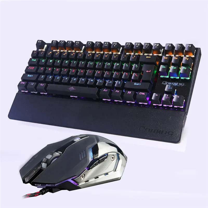 Black Set Игровая механическая клавиатура, мышь с комбинированной подсветкой, светодиодный Светодиодный антипривидение, светящаяся+ игровая мышь, 6 кнопок, 3200 dpi, Русские наклейки - Цвет: Black Set