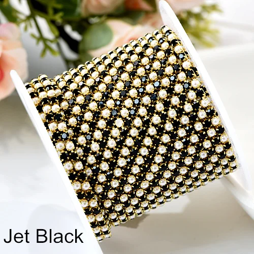 Jet Black SS6 1 ярд стразы на цепочке прозрачные стразы с жемчугом цепочки камней Золотое дно для DIY вечерние платья дизайн ногтей B1203 - Цвет: Jet Black