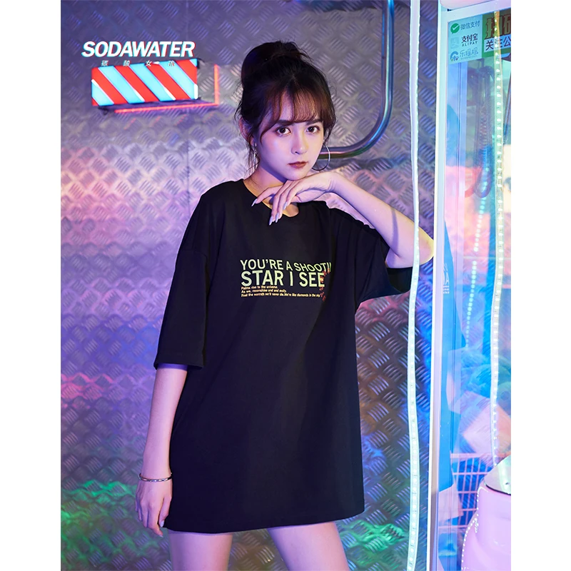 SODAWATER/футболка для девочек с буквенным принтом Harajuku хлопковая футболка короткими