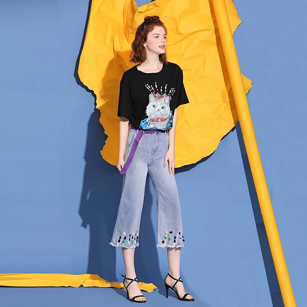 Женский летний комплект из 2 предметов хлопковая Футболка с принтом мультяшного