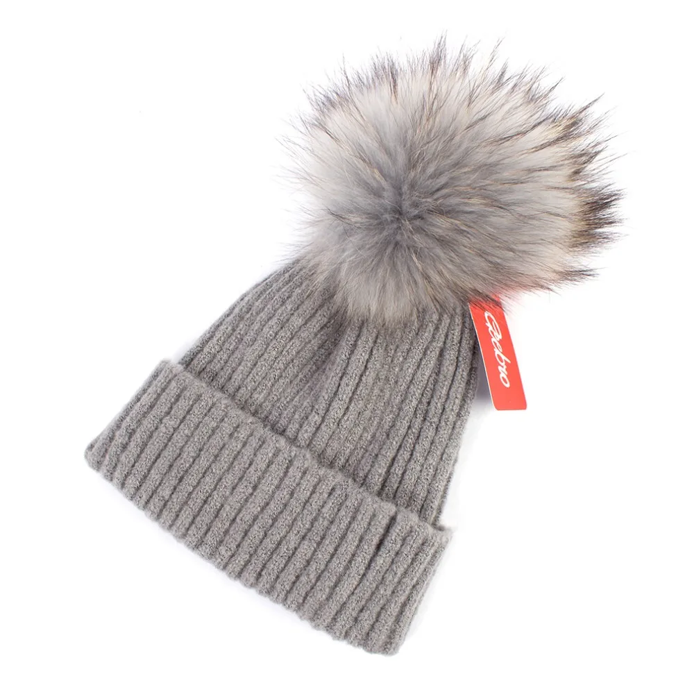 

Geebro Women's Knitted Wool Beanie Hat Winter Casual Warm Cashmere Hat with Raccoon Fur Pompom Ladies Pompom Skullies Beanies