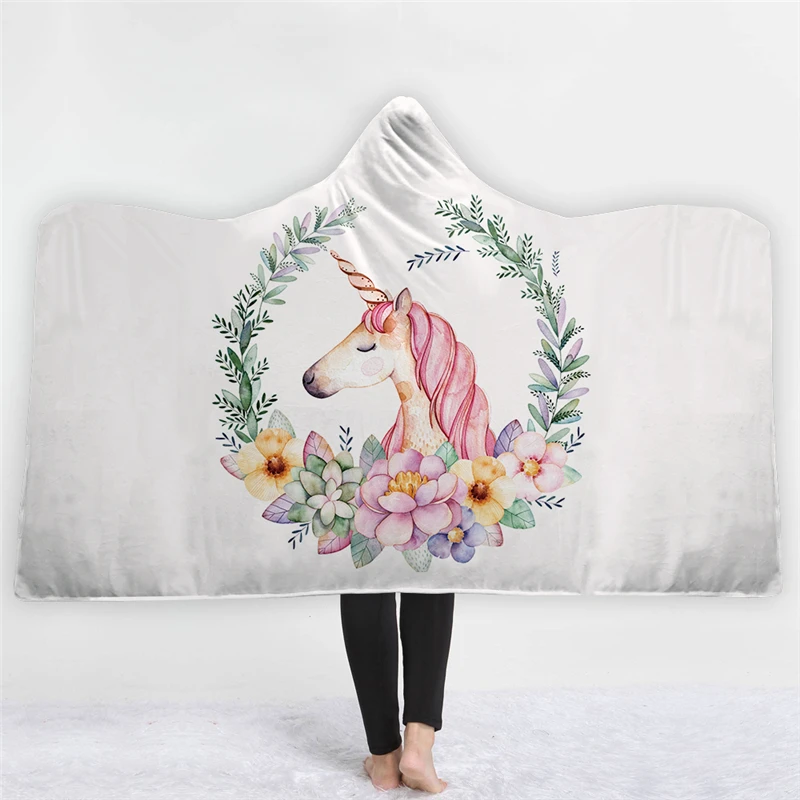 3D единорог печатных розовый с капюшоном одеяло для взрослых детей Шерпа флис