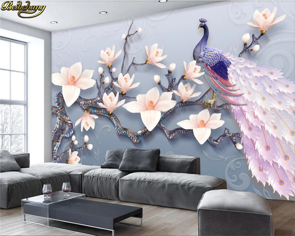 

beibehang Custom Photo Wallpaper Mural 3D Embossed Magnolia Peacock Fresh European TV Background Wall papel de parede 3d