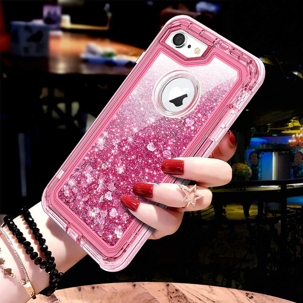 Pink 3 в 1 ТПУ блестящий прозрачный зыбучий песок чехол для Iphone XS Max XR 8 Plus 7 6S 360 чехол Блестящий Прозрачный жидкий жесткий полная защита - Цвет: Pink