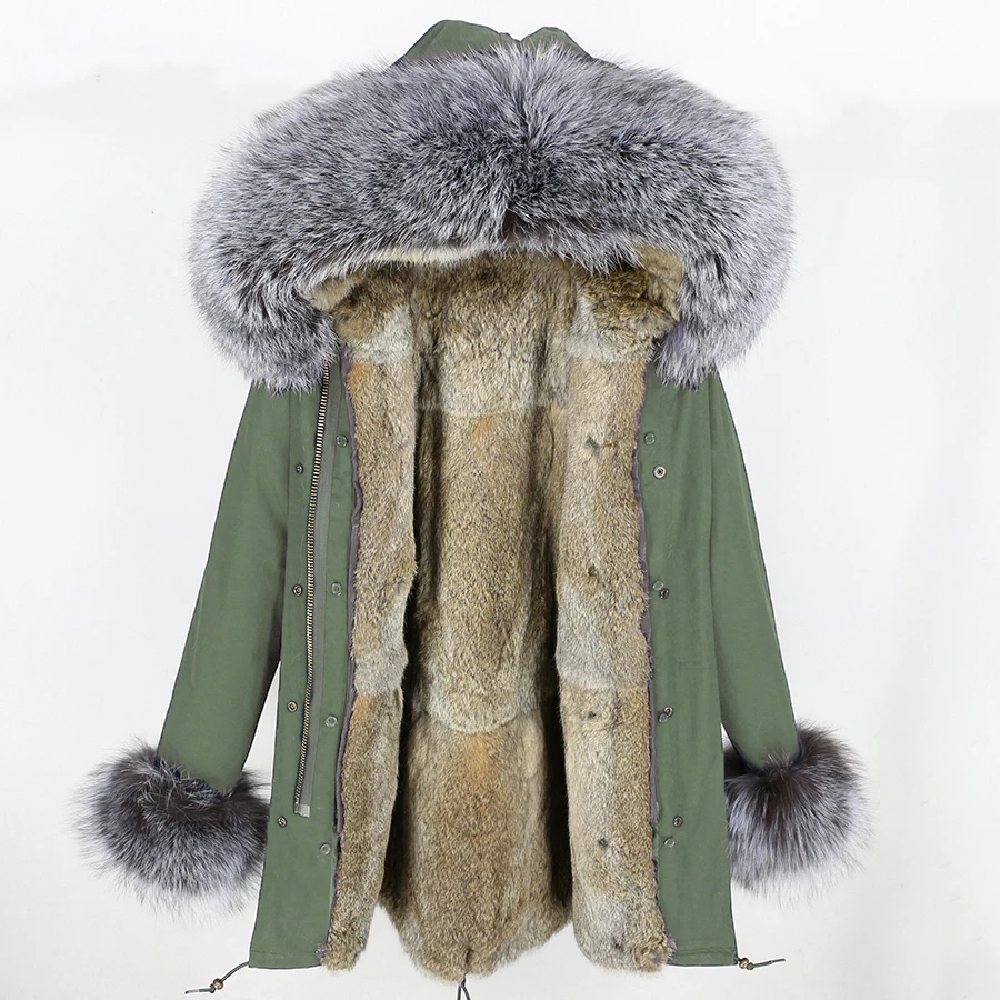 6 OFTBUY, пальто с натуральным мехом, зимняя куртка, Женская длинная парка, натуральный мех серебристой лисы, воротник с капюшоном, подкладка из натурального кроличьего меха, Толстая теплая брендовая - Цвет: 6