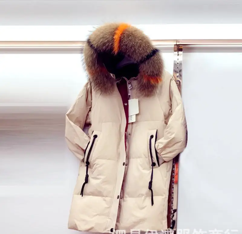 beige with color fur Высококачественный пуховик с капюшоном и большим воротником из натурального меха, женский пуховик, парка принцессы, женские зимние пальто, одежда wq191 - Цвет: beige with color fur