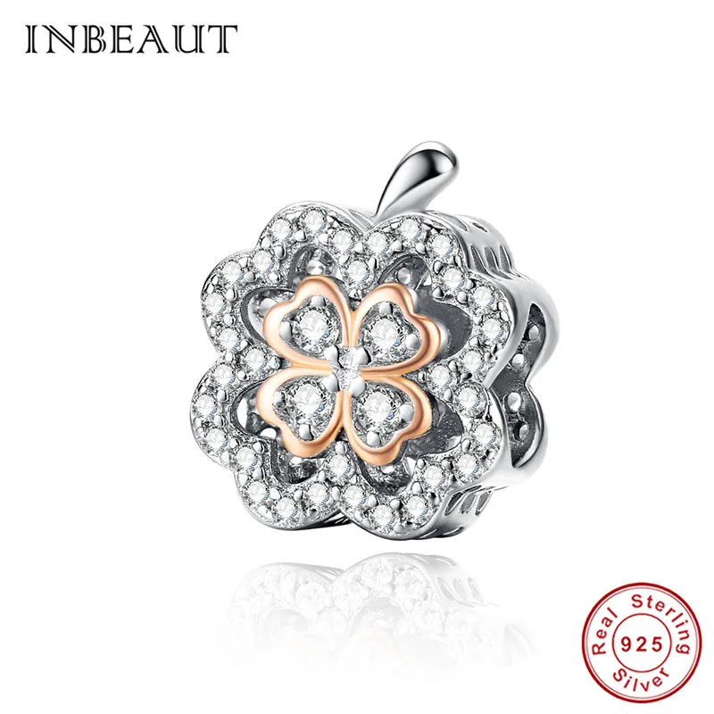 INBEAUT 100% 925 Sterling Silver Original CZ Clover Apple Beads fit Brand Bracelet Rose Gold Zircon Fruit Charms diiy Jewelry | Украшения и