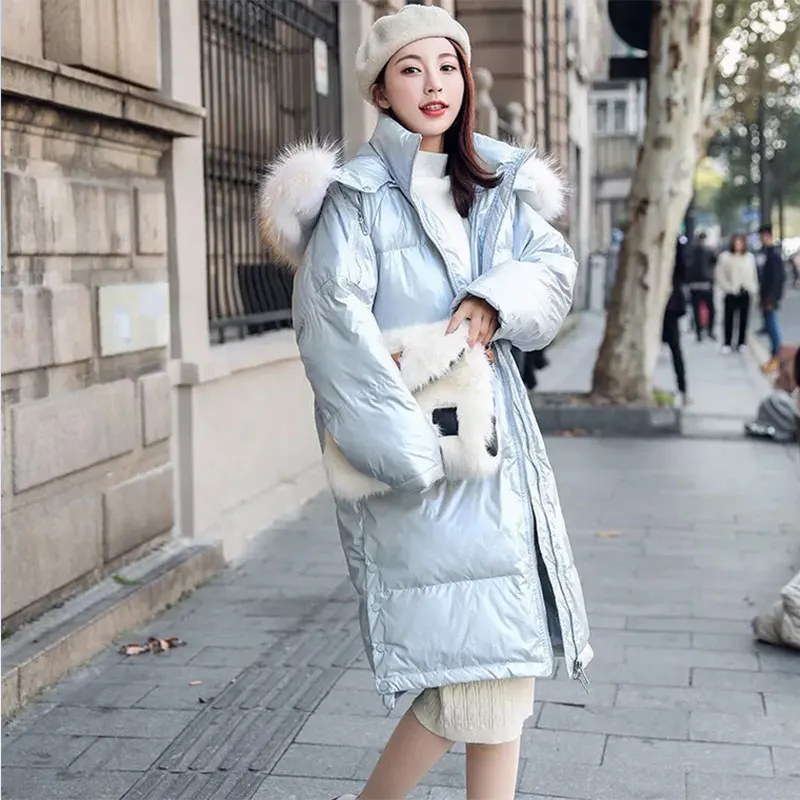 Winter Down Coat Women Hooded Natural Raccoon Large Fur Collar 90% White Duck Down Jacket Female Thick Warm Long Jacket Parkas
