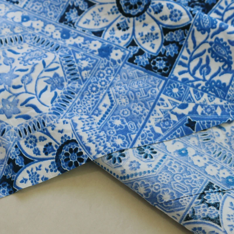 50cm*145cm Ethnic Silk Cotton Textile Vintage Chinese Blue White Fabric For Children | Дом и сад