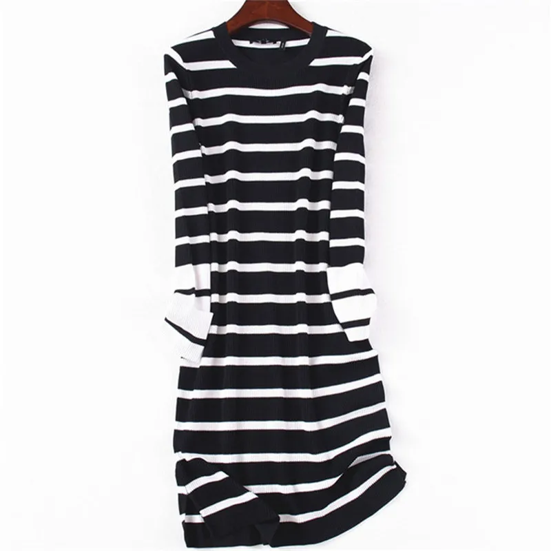

polyester viscose blend Oneck knit women England style striped long slim pullover sweater S-L retail wholesale