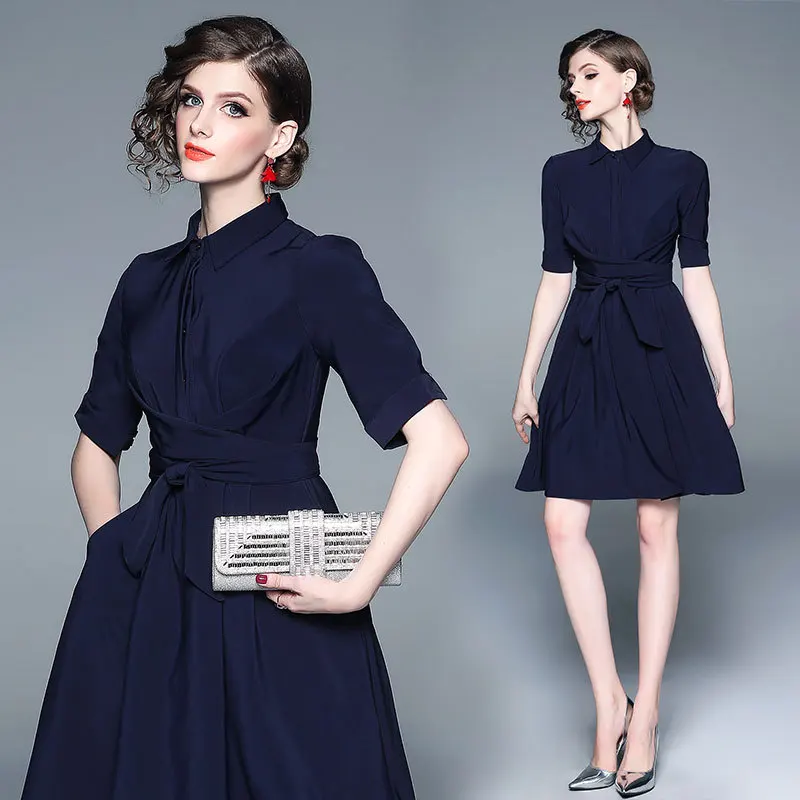 Женское платье с рукавом до локтя выше колена темно-синее бальное поясом модное