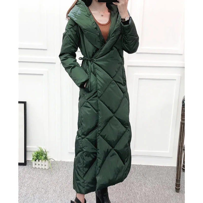Dark green Зимний высококачественный Женский пуховик с капюшоном, однотонный длинный пуховик с длинными рукавами, большой размер, женский пуховик NUW332 - Цвет: Dark green