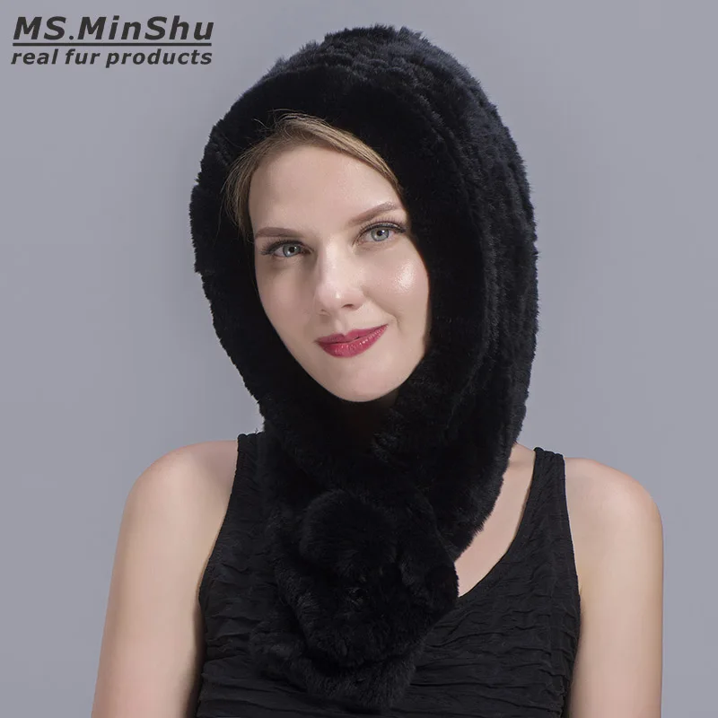 Женский вязаный шарф с капюшоном MS.MinShu из натурального меха кролика Рекс модная