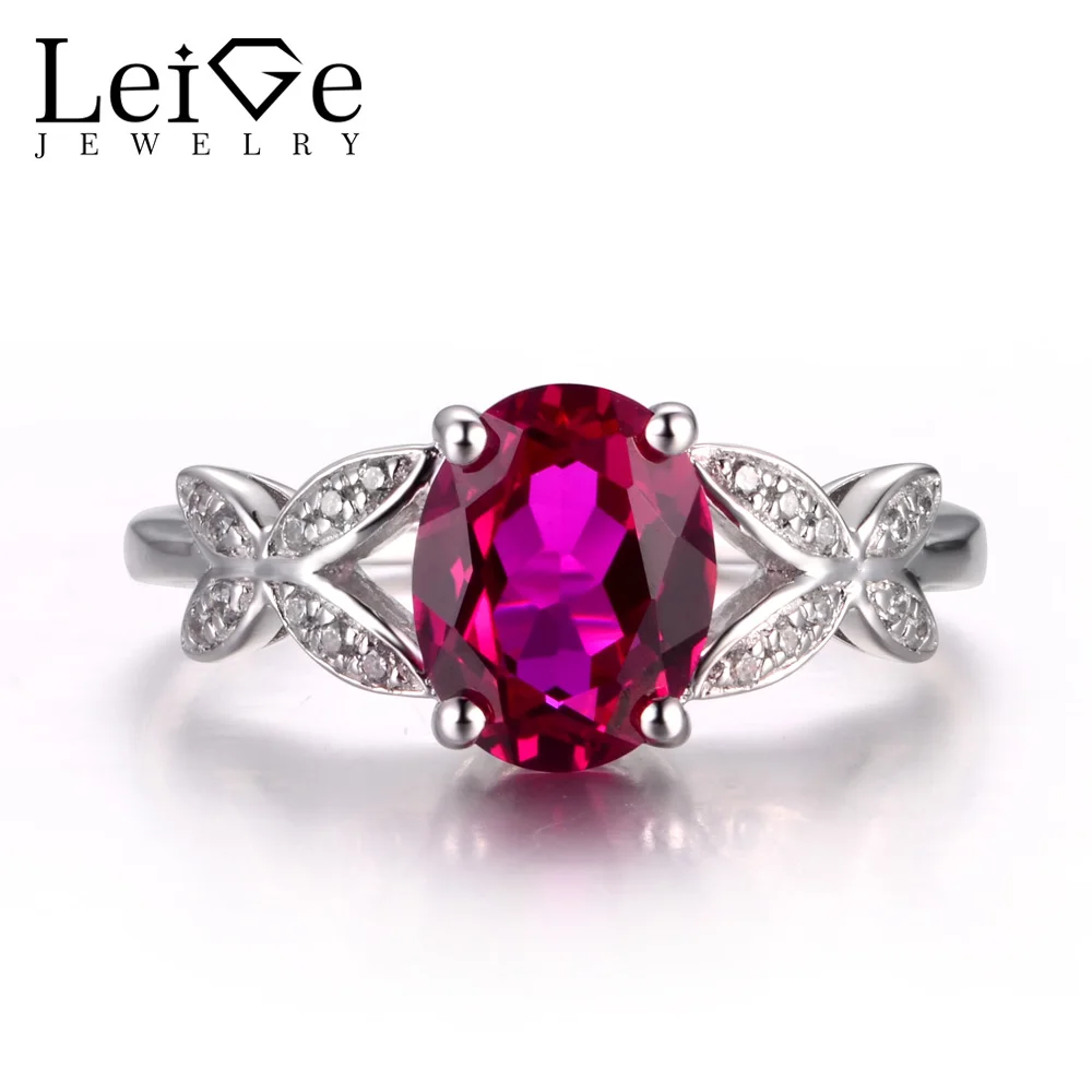 

LeiGe Jewelry Ruby Proposal Rings July Birthstone Rings Oval Cut Red Gemstone Ring 925 Sterling Silver Fine Jewelry for Women