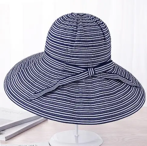 navy blue Модные пляжные солнцезащитные шапки для женщин; повседневные соломенные шляпы; сезон весна-лето; полосатые береты с большими полями; шапки; Boina Casquette; соломенные шапки для девочек - Цвет: navy blue