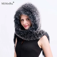ms minshu fox fur hat with scarf hand knitted real fox fur scarf hat fashion winter women hat fluffy fur cap thick fur hat