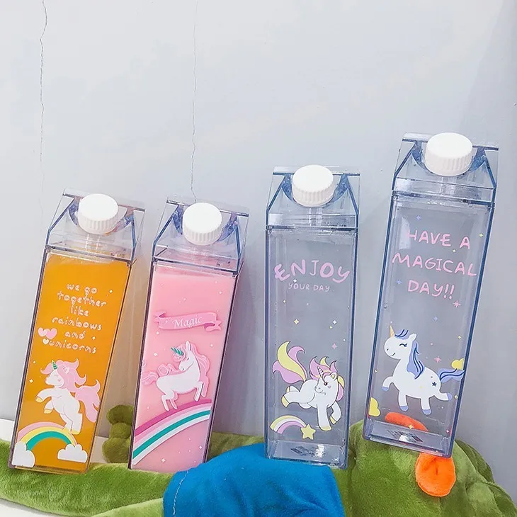 Милые модные бутылки с водой, форма коробки для молока, прозрачный пластик с мультяшным розовым принтом, бутылка для напитков, сока, кофе, пива, посуда для напитков, 1 шт