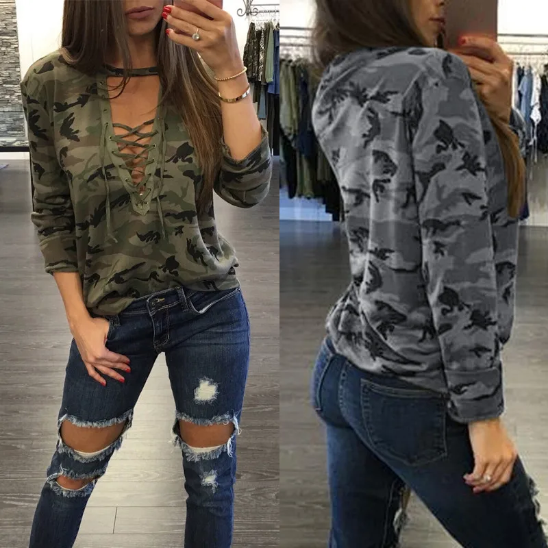 2019 Sleeve Sexy Ladies Bandages Tops Tees Slim O-neck Hollow Out Blouse Cotton Women Camouflage Shirt new Summer | Женская одежда