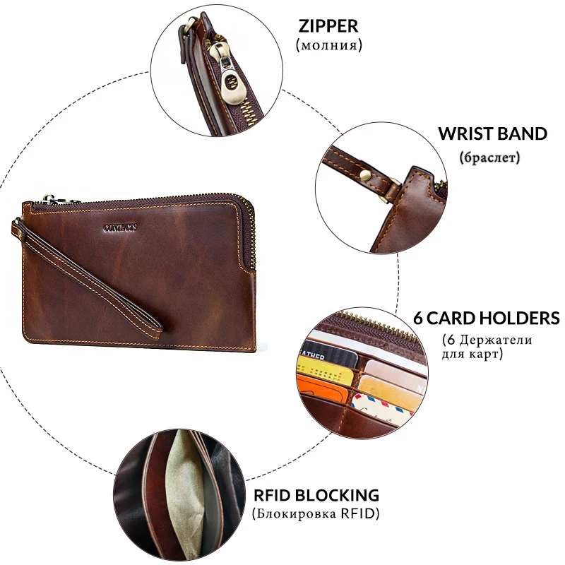 Vintage Wallets Men Crazy Horse Leather Wallet Zipper Long Purses RFID Wristlet Clutch Coin Purse Card Holders Big Capacity | Багаж и