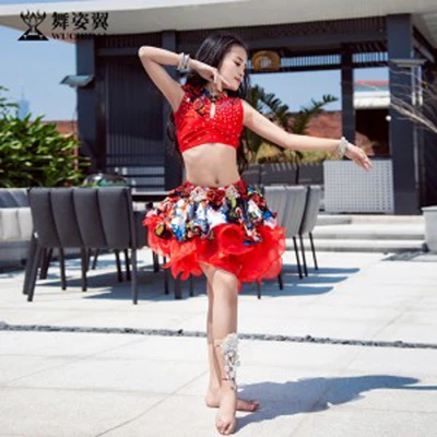 Red Стиль Дети/Детские костюмы для танца живота довольно OrientalDance/туфли для латинских танцев/Джаз/тренировочный костюм для детей топы для девочек с юбкой комплект из 2 шт./компл - Цвет: Red