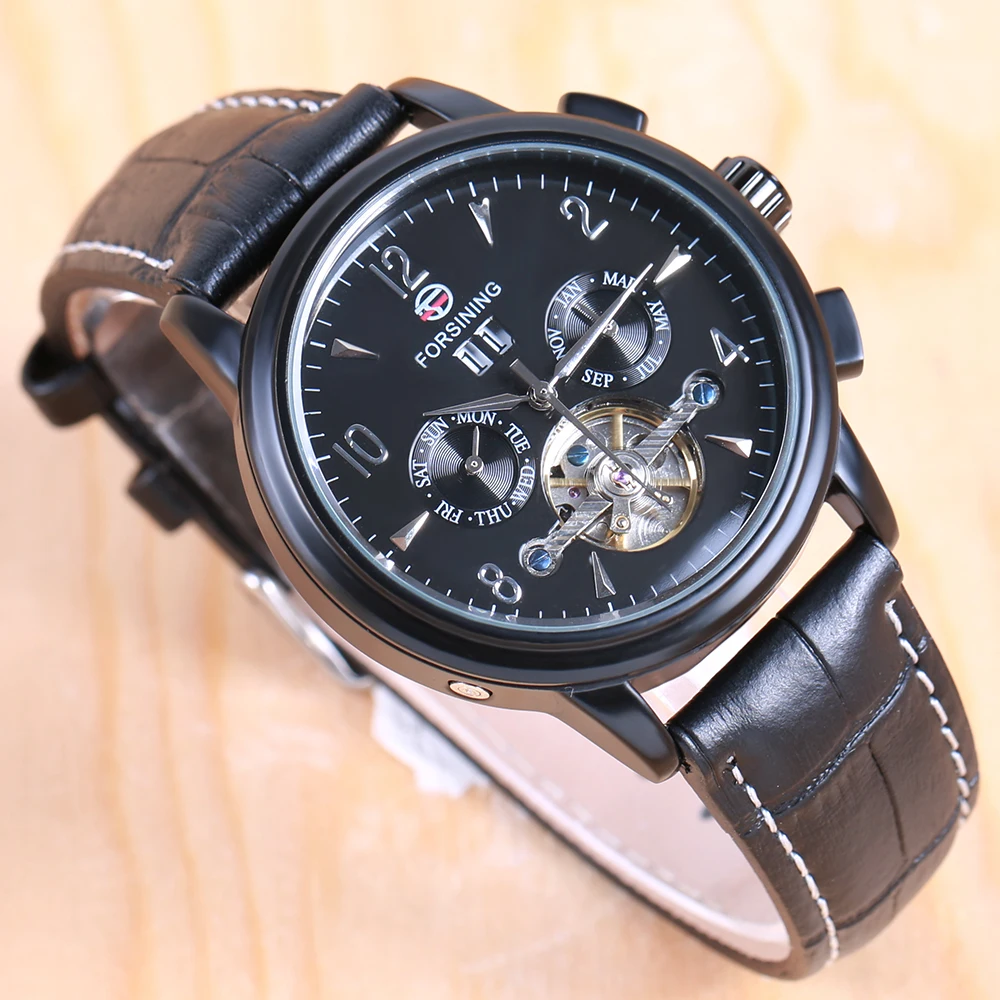 2018 Forsining Tourbillion модные волнистые черные часы многофункциональный дисплей Мужские
