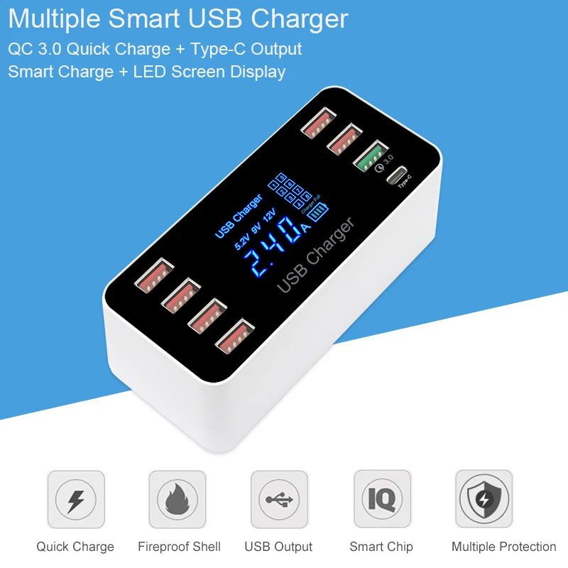 Быстрое зарядное устройство Leebote QC 3 0 с несколькими USB портами и дисплеем для