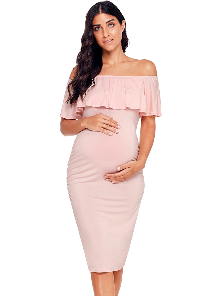 

Women's Ruffle Off Shoulder Sleeveless Maternity Dress Ruched Sides Knee Length Pregnancy Dress Bodycon Elegant Dress