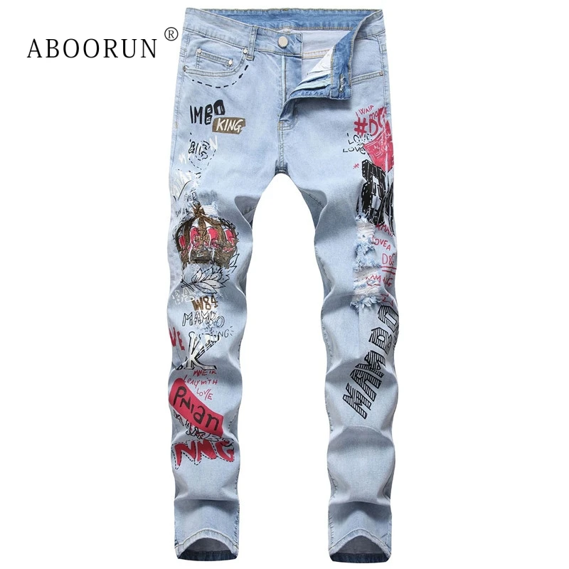 Мужские рваные джинсы ABOORUN Hi Street с 3D принтом граффити Эластичные Обтягивающие