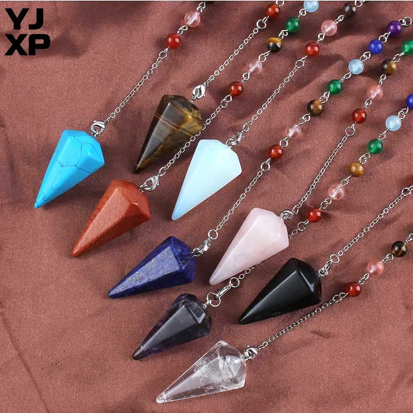 

YJXP оптовая продажа 10 шт./лот рейки 7 Чакр шестигранный пирамидный камень натуральный смешанный камень кристалл подвеска звено цепь маятник ...