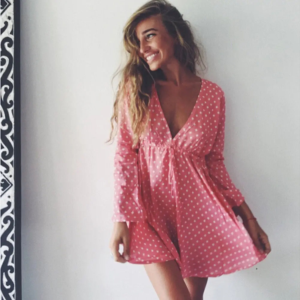 

Women Summer Floral Long Sleeve Dress Party Clubwear Summer Beach Holiday Sundress 6 Style Clothes Casual Pleated Print Dresses
