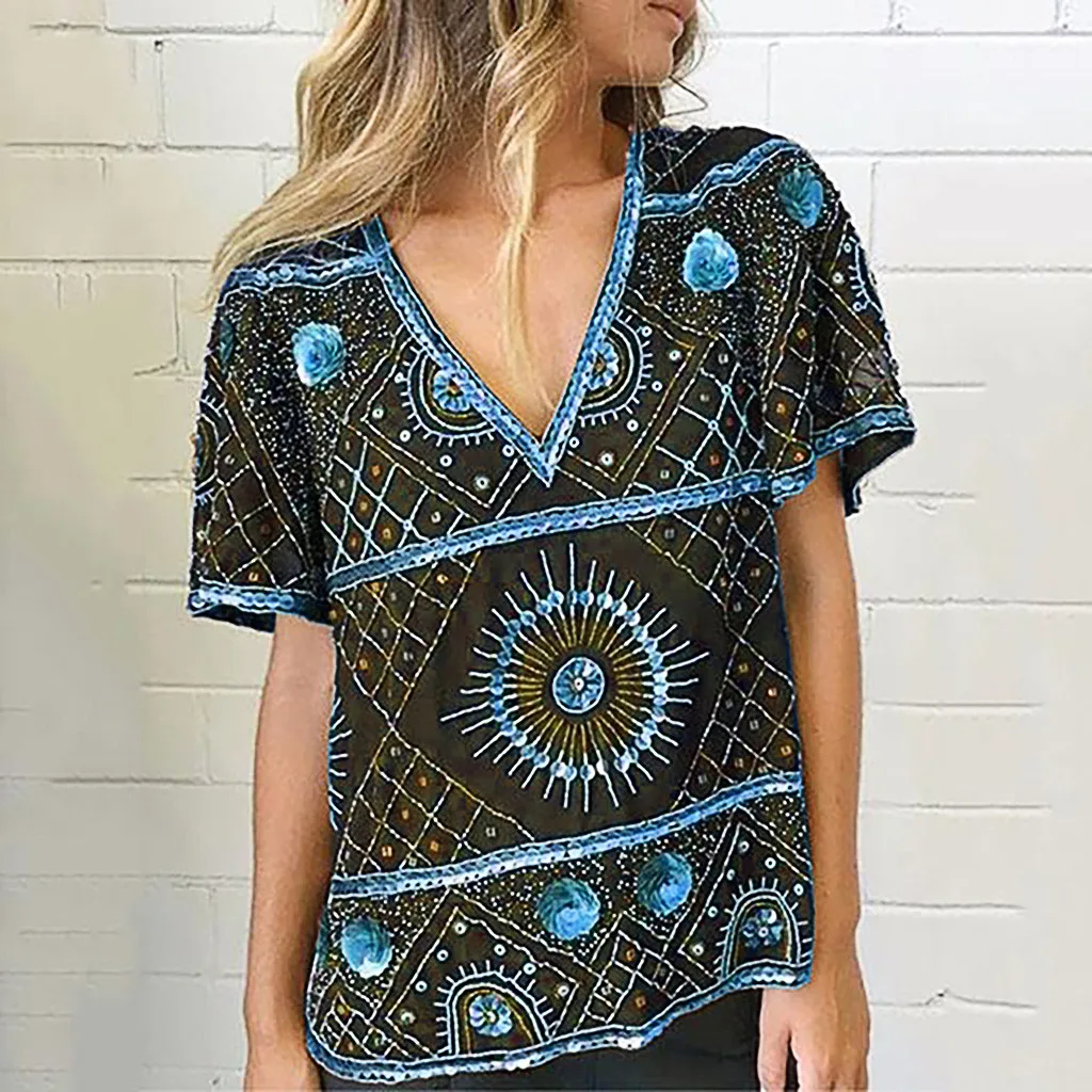 Модная Летняя женская одежда vestidos verao размера плюс, Женские топы с коротким рукавом и v-образным вырезом в винтажном стиле, блузки, robe femme