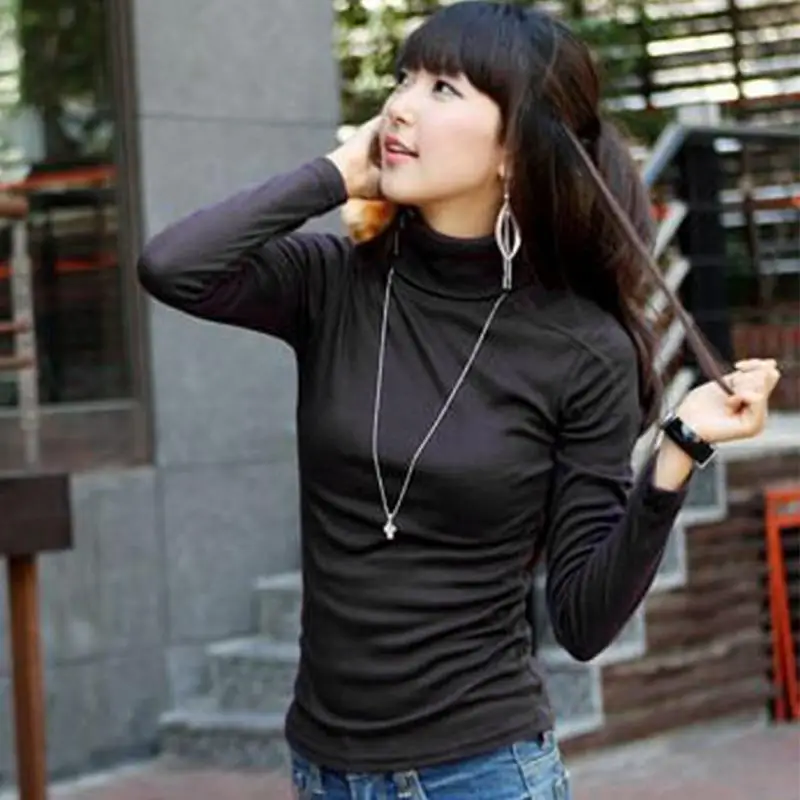 Осень зима 2019 женская футболка водолазка пуловер джемпер длинный рукав базовая