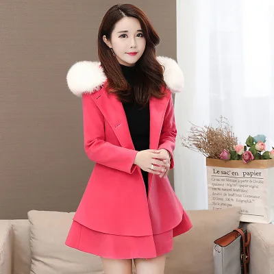 Rose red Шерстяное пальто Для женщин Красный M-2XL большой меховой куртка с капюшоном Новинка весны корейский Офис Розовый Синий лук Chic зима длинное пальто Feminina LD907 - Цвет: Rose red