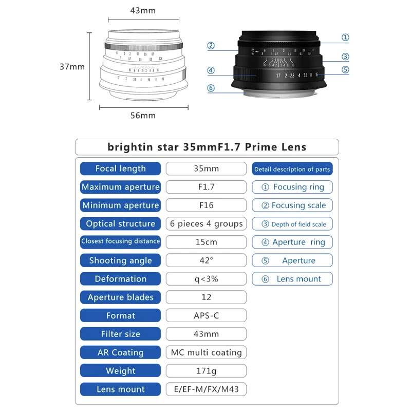 Brightin star 35mmF1. 7 объектив с большой диафрагмой для E mount Canon EOS M FX M4/3 A7 A7II A7R A7RII A7S A7SII M6 M5