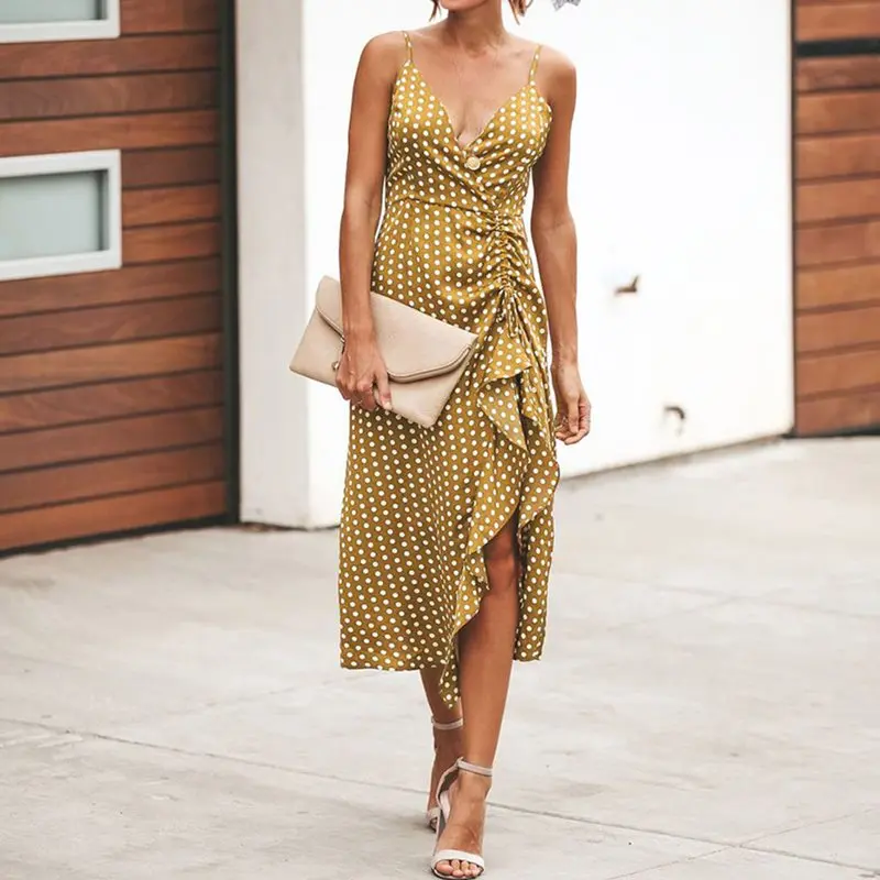 Женское пляжное платье на бретелях Boho желтое шикарное с глубоким v образным