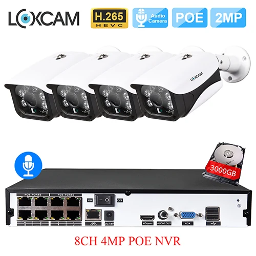 LOXCAM H.265+ 4MP POE система NVR 48V 1080P 2MP@ 25fps IP66 безопасности наружного аудио запись POE IP Камера видео набор для наблюдения 2 ТБ - Цвет: 8CH NVR x 4 Cameras