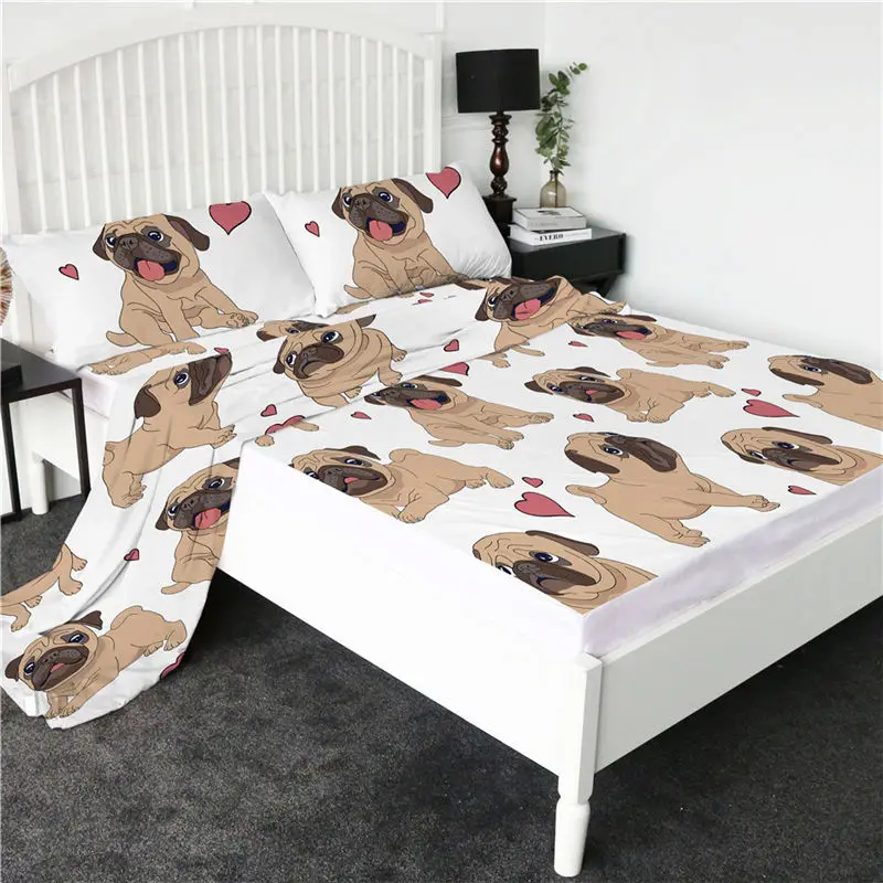 Pug Постельные принадлежности Outlet Единорог Натяжной простынь Королева 3D печать мультфильм Простыня Набор Цветочный плоский лист блеск постельные принадлежности 4-шт наматрасник - Цвет: Pug