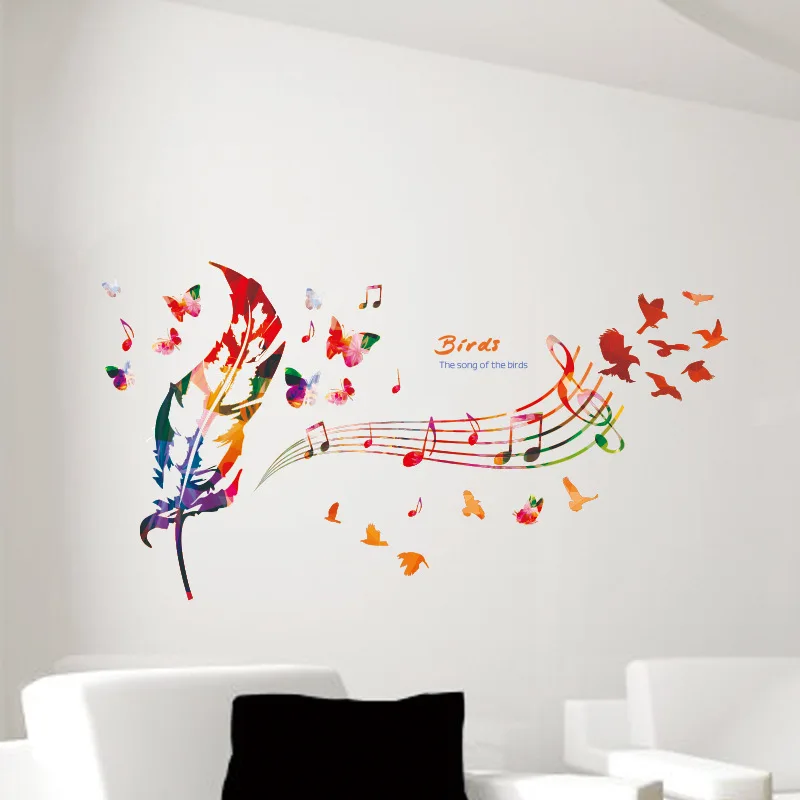 Music Feather Wall Stickers DIY For Kids Rooms Muraux PVC 3D Home Decor Decals | Дом и сад