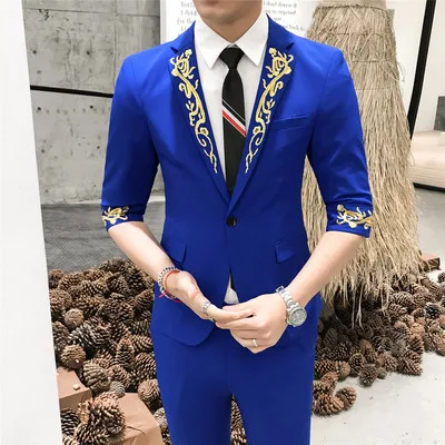 Мужской костюм с коротким рукавом облегающий из 2 предметов со штанами твидовый