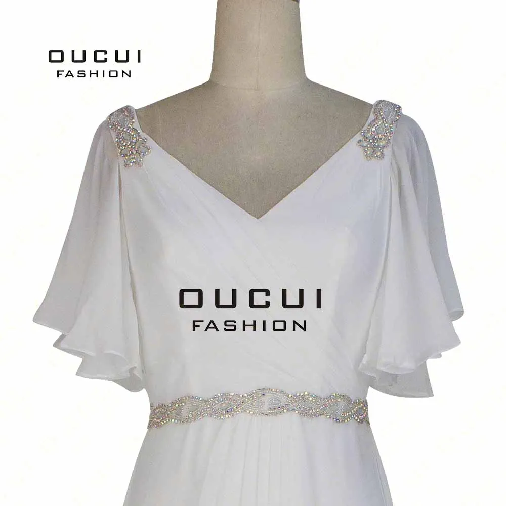 Real Photos Beaded Belt Handmade Chiffon A Line Long Evening Dress Pleat White dress Shoulder Crystal OL102852 | Свадьбы и торжества