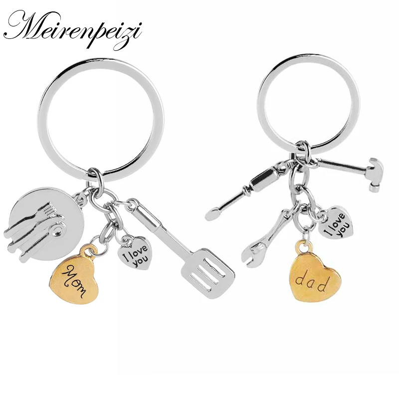 I Love You Dad/Mom Kitchenware Dinnerware Screwdriver/Hammer/Spanner Charm Family Member Engraved Heart Shaped Keychain KeyRing