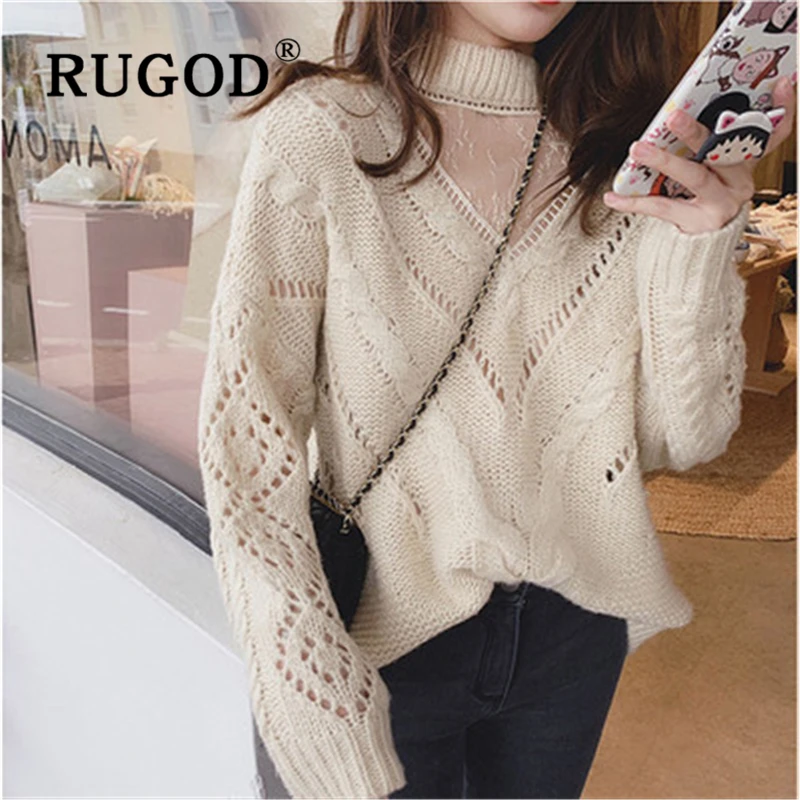 Женский трикотажный свитер RUGOD черный пуловер с круглым вырезом вышивкой в виде