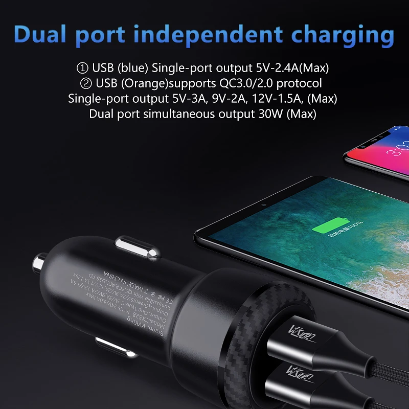 VVKing быстрое автомобильное зарядное устройство Quick Charge 3,0 2 USB QC3.0+ 2.4A 30 Вт Зарядка для iPhone samsung Xiaomi huawei FCP/AFC Автомобильная Быстрая зарядка