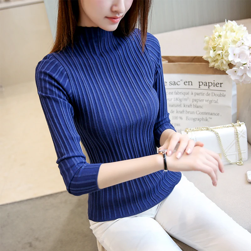 

Korean Autumn Winter Women Knitwear Turtleneck Long Sleeve Solid Sim Striped Women Sweaters and Pullovers Top Femme
